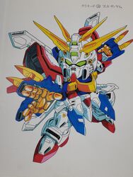  bakunetsu_god_finger chibi g_gundam glowing glowing_hand god_gundam green_eyes gundam gundam_combat highres looking_to_the_side mecha no_humans official_art open_hands robot science_fiction solo super_robot taiga_hiroyuki v-fin white_background 