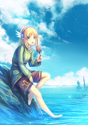  :o aqua_eyes barefoot blonde_hair blue_sky blush breasts brown_shorts cayna_(leadale_no_daichi_nite) cloud commentary_request earrings elf feather_hair_ornament feathers feet female food green_jacket hair_ornament hairband highres holding holding_food jacket jewelry leadale_no_daichi_nite long_sleeves looking_at_viewer medium_hair nature ocean official_art open_mouth outdoors photoshop_(medium) pointy_ears popsicle rock shorts sidelocks sitting sky small_breasts solo teeth tenmaso toes upper_teeth_only watermelon_bar 