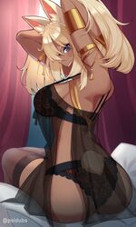  adjusting_hair animal_ears arms_behind_head arms_up ass black_bra black_panties black_thighhighs blonde_hair blue_eyes blush bra breasts commission dark-skinned_female dark_skin female long_hair looking_at_viewer open_mouth original panties psidubs smile solo tail thighhighs twintails underwear 