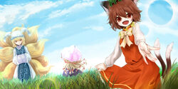  3girls animal_ears blonde_hair brown_hair cat_ears cat_girl cat_tail chen cloud comiket_80 dress field fox_girl fox_tail grass koma_(asanagism) long_hair multiple_girls multiple_tails purple_dress red_dress short_hair sky tail touhou umbrella white_dress yakumo_ran yakumo_yukari 