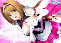  alicesoft apron artist_name blue_eyes breasts brown_hair cleavage company_name copyright_name elbow_gloves escalation_heroines female frilled_skirt frills gloves happy_valentine heart heart_hands large_breasts maid_apron maid_headdress official_art onigirikun purple_skirt short_hair skirt takamori_haruka valentine white_gloves 