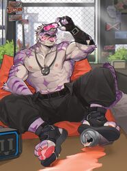  1boy abs absurdres adjusting_goggles bad_id bad_weibo_id bara black_pants can commission diamond_(shape) facial_hair fence fingerless_gloves forked_eyebrows furry furry_male gloves goatee goggles goggles_on_head highres jewelry kuroshima_kurishiro_(muyi24108414) large_pectorals looking_at_viewer male_focus multicolored_hair muscular muscular_male navel necklace nipples original pants pectorals purple_fur sadiend shoes short_hair sideburns smile solo spread_legs stomach streaked_hair thick_eyebrows tiger_boy topless_male two-tone_fur wet white_hair 