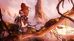  aloy_(horizon) bird bow_(weapon) capelet english_commentary female frills full_body fur_trim holding holding_bow_(weapon) holding_weapon horizon_zero_dawn kalasketch landscape long_hair mecha mechanical_animal moss mountain one_knee plant quiver red_hair solo_focus tallneck_(horizon) tribal vambraces vines weapon 