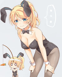  ... 0_0 :| animal_ears ayase_eli black_bow black_bowtie black_leotard black_pantyhose blonde_hair blue_eyes blush bow bowtie breasts carrot carrot_on_stick chibi chibi_inset cleavage closed_mouth commentary_request detached_collar female grey_background groin hair_between_eyes hair_ornament hair_scrunchie hands_on_own_knees headband highres large_breasts leaning_forward leotard looking_at_viewer love_live! love_live!_school_idol_project mogu_(au1127) multiple_views pantyhose playboy_bunny ponytail rabbit_ears scrunchie sidelocks simple_background spoken_ellipsis strapless strapless_leotard sweatdrop wavy_mouth white_scrunchie wrist_cuffs 