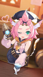  animal_ear_fluff animal_ears beret blurry blurry_background blush bottle cat_ears cat_tail cup detached_sleeves diona_(genshin_impact) drinking_glass female genshin_impact gloves green_eyes hair_ornament hat heart highres jamgom navel one_eye_closed open_mouth paw_print pink_hair shorts solo table tail thick_eyebrows wine_glass 