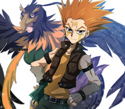  1boy abfbfygo arm_strap bare_shoulders blackwing_brisote_the_tailwind breasts brown_vest closed_mouth commentary_request cowboy_shot crow_hogan duel_monster earrings elbow_gloves facial_mark feathered_wings female fingerless_gloves gloves green_pants grey_eyes grey_gloves hands_on_own_hips harpy jewelry large_breasts looking_at_viewer medium_hair monster_girl no_headwear open_clothes open_vest orange_hair orange_shirt pants shirt simple_background sleeveless sleeveless_shirt smile spiked_hair standing twitter_username vest white_background winged_arms wings yu-gi-oh! yu-gi-oh!_5d&#039;s 