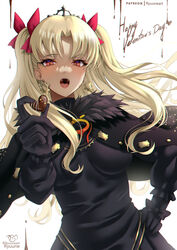  artist_name black_capelet black_dress black_gloves blonde_hair blush breasts candy capelet chocolate dark-skinned_female dark_skin dress earrings ereshkigal_(fate) ereshkigal_alter_(fate) fate/grand_order fate_(series) female food fur-trimmed_capelet fur_trim gloves hair_ribbon happy_valentine heart heart-shaped_chocolate highres hoop_earrings jewelry long_hair long_sleeves looking_at_viewer medium_breasts open_mouth orange_eyes parted_bangs patreon_username ribbon ryuuneart solo tiara two_side_up 