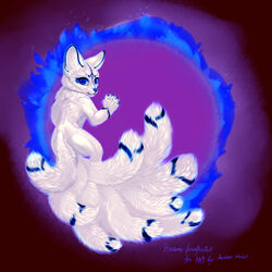  1:1 2020 9_tails abstract_background absurd_res alternate_version_at_source ambiguous_gender asian_mythology blue_eyes blue_fire blue_markings blue_nose canid canine colored_fire east_asian_mythology etis fennec_fox fire fox fox_spirit fur hi_res looking_at_viewer looking_back magic mammal markings multi_tail mythology proann semi-anthro solo tail true_fox white_body white_fur 