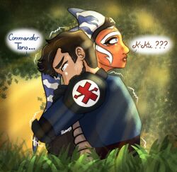  accessory ahsoka_tano alien armor black_hair blue_body blue_skin bodily_fluids clone clone_trooper clothed clothing crying duo facial_hair female forest forest_background grass hair headband hi_res horn hug human humanoid jedi light light_beam male mammal medic_cross nature nature_background nikoldragonne orange_body orange_skin plant shaking shocked signature star_wars sunbeam sunlight tears togruta tree white_body white_skin 