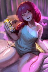  absurdres bare_shoulders blunt_bangs blush bocchi_the_rock! bow braid breasts commentary covered_nipples dress drunk dudeunderscore english_commentary female green_dress hair_over_shoulder hairbow highres hiroi_kikuri indoors long_hair medium_breasts open_mouth purple_eyes purple_hair shiny_skin single_braid sitting smile solo strap_slip strong_zero teeth wariza 