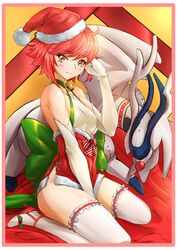  1girls absurdres bell between_legs bow choker christmas collarbone cute deekei dragon elbow_gloves female fire_emblem fire_emblem_fates fire_emblem_if full_body fur-trimmed_hat fur_trim gloves green_bow green_ribbons hand_between_legs hand_in_hair hat head_tilt highres hinoka_(fire_emblem) looking_at_viewer merry_christmas red_hair red_hat ribbon ribbon_choker santa_costume santa_hat short_hair sitting sleeveless smile solo thighhighs thighs wariza white_gloves white_legwear yellow_eyes 