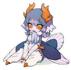  animal_feet animal_hands antlers bird bird_girl bird_tail bird_wings blood blood_in_mouth blood_on_hands bright_pupils carcass chest_sarashi claws colored_sclera colored_tips cyany dead_animal deformed english_commentary feathered_wings female full_body fur_collar grey_hair grey_wings horns imuthar_(cyany) long_hair looking_at_animal low_wings monster_girl mouth_hold multicolored_hair multiple_horns orange_eyes orange_horns original sarashi simple_background sitting solo tail white_background wings yellow_sclera 