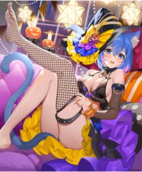  animal_ear_fluff animal_ears asymmetrical_legwear bare_shoulders bat_lingerie bat_wings bell black_choker black_hat black_panties black_sleeves black_tank_top blue_eyes blue_fur blue_hair blue_tail blush bow breasts candle cat_ears cat_girl cat_tail chest_bow choker city_lights cleavage colored_inner_hair commentary couch detached_sleeves dressing embarrassed evertale female fire fishnet_thighhighs fishnets frilled_wrist_cuffs frills gem hair_between_eyes halloween halloween_costume hat hat_bow hat_ribbon idol jack-o&#039;-lantern jewelry jingle_bell lace lace_trim large_breasts light_fixture lingerie looking_at_viewer mirai_(evertale) multicolored_hair multiple_hat_bows neck_bell necklace official_alternate_costume official_art on_couch open_mouth orange_wrist_cuffs panties pantyshot pearl_(gemstone) pearl_necklace pillow pink_pupils polka_dot_pillow pumpkin pumpkin_hat_ornament purple_bow purple_ribbon ribbon shiny_skin short_hair single_bare_leg single_thighhigh solo sparkle string_of_flags string_of_light_bulbs striped_bow tail tank_top teffish thigh_strap thighhighs thighs two-tone_hair underwear uneven_legwear vertical-striped_pillow window wings witch_hat wrist_cuffs yellow_bow 