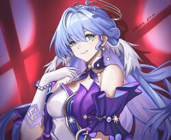  aqua_eyes bare_shoulders blue_hair breasts choker commentary dress facial_mark female gloves hand_up head_wings highres honkai:_star_rail honkai_(series) long_hair looking_at_viewer medium_breasts off-shoulder_dress off_shoulder purple_choker purple_dress robin_(honkai:_star_rail) short_sleeves silberein smile solo two-tone_dress upper_body very_long_hair white_dress white_gloves wings 