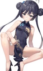  bare_legs black_eyes black_footwear black_hair blue_archive blush bottle breasts butterfly_hair_ornament china_dress chinese_clothes closed_mouth double_bun dragon_print dress female hair_bun hair_ornament halo high_heels highres holding holding_bottle kisaki_(blue_archive) legs long_hair looking_at_viewer milk milk_bottle milk_mustache pelvic_curtain rangen side_slit simple_background sitting sleeveless sleeveless_dress small_breasts solo suggestive_fluid twintails white_background 