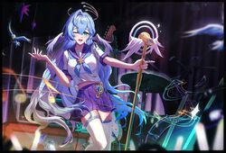  ;d absurdres aqua_eyes blue_hair blue_neckerchief commentary_request feet_out_of_frame female hair_intakes head_wings highres holding honkai:_star_rail honkai_(series) long_hair looking_at_viewer md5_mismatch midriff miniskirt navel neckerchief one_eye_closed open_mouth purple_sailor_collar purple_skirt robin_(honkai:_star_rail) sailor_collar school_uniform serafuku shirt short_sleeves skirt smile solo standing thighhighs very_long_hair wangzili_shitoumen white_shirt white_thighhighs wings zettai_ryouiki 