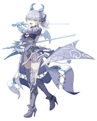  armor armored_boots asymmetrical_dual_wielding black_leotard boots demon_girl demon_horns demon_wings dual_wielding duel_monster female full_body grey_eyes grey_hair holding holding_sword holding_weapon horns ishii_(young-moon) lady_labrynth_of_the_silver_castle leotard looking_at_viewer lovely_labrynth_of_the_silver_castle low_wings medium_hair multiple_wings oerba_yun_fang pointy_ears showgirl_skirt simple_background skin_fang smile solo sword tachi-e weapon white_background wings yu-gi-oh! 