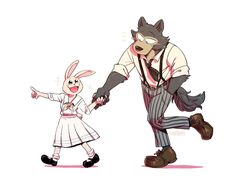  anthro beastars canid canine canis clothed clothing duo female gamubear hand_holding haru_(beastars) hi_res lagomorph legoshi_(beastars) leporid male male/female mammal rabbit simple_background size_difference smile white_background wolf 