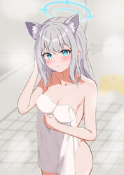  absurdres animal_ear_fluff animal_ears bathroom bathtub blue_archive blue_halo blush breasts cleavage closed_mouth commentary_request covering_privates cowboy_shot extra_ears female green_eyes grey_hair halo hand_up highres hojichabu indoors long_hair looking_at_viewer medium_breasts mismatched_pupils nude_cover revision shiroko_(blue_archive) solo standing towel wolf_ears 