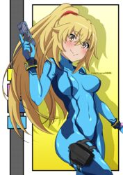  absurdres alternate_costume blonde_hair blue_bodysuit bodysuit breasts color_connection cosplay covered_navel female gun hair_color_connection handgun highres holding holding_gun holding_weapon large_breasts long_hair metroid ponytail railtracer8888 samus_aran samus_aran_(cosplay) shadow shokuhou_misaki skin_tight solo sparkling_eyes star-shaped_pupils star_(symbol) symbol-shaped_pupils toaru_kagaku_no_railgun toaru_majutsu_no_index very_long_hair weapon yellow_eyes zero_suit 