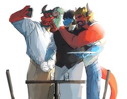  alternate_universe anothereidos_of_dragon_vein_r anthro apron atmos_(anothereidos_r) beard black_hair blue_body blue_scales bow_tie cellphone clothing demon demon_humanoid dragon electronics facial_hair folker_(anothereidos_r) goatee group hair hi_res horn humanoid lucifer_(anothereidos_r) male modern_au mythological_creature mythological_scalie mythology phone ponytail red_body red_scales red_skin scales scalie selfie tan_body tan_scales teal_hair tomita_dayo waiter water_pitcher 