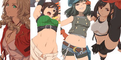  4girls aerith_gainsborough aonori_misuji arms_up bike_shorts bike_shorts_under_skirt black_hair black_thighhighs breasts brown_hair cleavage commentary_request crop_top cropped_jacket dress drill_hair final_fantasy final_fantasy_vii final_fantasy_vii_remake high_kick highres jacket kicking kyrie_canaan multiple_girls navel open_fly pink_dress red_jacket serious shuriken stomach thighhighs tifa_lockhart weapon yuffie_kisaragi 