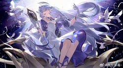  aqua_eyes bare_shoulders bead_bracelet beads bird bracelet breasts cleavage detached_sleeves dress earrings female floating_hair gloves halo hand_up head_wings highres holding holding_staff honkai:_star_rail honkai_(series) jewelry long_hair looking_to_the_side open_mouth purple_dress purple_hair purple_theme robin_(honkai:_star_rail) short_sleeves sitting smile solo staff teeth two-tone_dress upper_teeth_only white_dress white_gloves white_wings wings ye_xing_caomei 