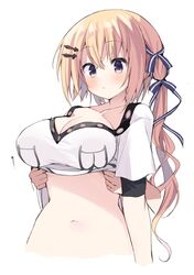  1other arm_at_side arrow_(symbol) black_ribbon blush breast_lift breasts cleavage clothes_lift collarbone commentary cropped_torso crossed_bangs curvy female grabbing grabbing_from_behind hair_between_eyes hair_ornament hair_ribbon hairclip highres large_breasts light_brown_hair long_hair looking_down navel oogaki_hinata otome_domain parted_lips purple_eyes ribbon shirt shirt_lift short_sleeves side_ponytail simple_background solo_focus takepoison upper_body very_long_hair white_background white_shirt 