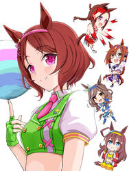  5girls :d absurdres afterimage animal_ears balancing ball blue_gloves braid breasts brown_hair chibi chokin_tsucho closed_mouth collared_shirt commentary_request crop_top cropped_jacket fingerless_gloves flower-shaped_pupils glasses gloves green_gloves green_jacket grey-framed_eyewear highres horse_ears horse_girl horse_tail ikuno_dictus_(arrived_scenery)_(umamusume) ikuno_dictus_(umamusume) jacket long_hair matikane_tannhauser_(blue_turbulence)_(umamusume) matikane_tannhauser_(umamusume) medium_breasts midriff mihono_bourbon_(mission_mental_nutrition)_(umamusume) mihono_bourbon_(umamusume) multicolored_hair multiple_girls navel necktie orange_hair pants pink_necktie puffy_short_sleeves puffy_sleeves purple_eyes purple_gloves purple_skirt red_gloves red_jacket red_skirt round_eyewear sakura_bakushin_o_(red-hot_leader)_(umamusume) sakura_bakushin_o_(umamusume) sakura_laurel_(ticked_cherry_blossom)_(umamusume) sakura_laurel_(umamusume) seiza shirt short_sleeves simple_background single_braid sitting skirt smile streaked_hair symbol-shaped_pupils tail umamusume very_long_hair white_background white_hair white_jacket white_shirt white_skirt yellow_gloves yellow_pants yellow_shirt 