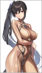  absurdres black_hair bodysuit breasts brown_bodysuit brown_eyes covered_navel eve_(stellar_blade) female highres kei_(soundcross) large_breasts long_hair looking_at_viewer skin_suit_(stellar_blade) smile solo stellar_blade thighs very_long_hair 