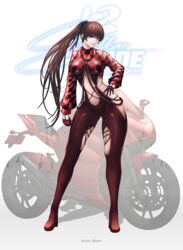  absurdres azura_anblue blunt_bangs bodysuit breasts brown_eyes brown_hair checkered_clothes clothing_cutout copyright_name cropped_hoodie ducati english_commentary eve_(stellar_blade) female gloves hair_ornament half_gloves hand_on_own_hip highres hood hoodie large_breasts long_hair looking_at_viewer motor_vehicle motorcycle navel ponytail racer&#039;s_high_(stellar_blade) red_bodysuit red_gloves red_hoodie skin_tight smile solo stellar_blade very_long_hair white_background 