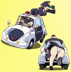  &gt;_&lt; 3girls ass binoculars black_hair black_necktie blue_eyes blue_hair breasts brown_eyes brown_hair car closed_eyes clothes_lift hat high_heels highres kuroyoshi large_breasts miniskirt motor_vehicle multiple_girls necktie open_mouth original panties pantyshot police police_car police_hat police_uniform policewoman short_hair side_slit simple_background skirt skirt_lift steering_wheel underwear uniform white_panties yellow_background 