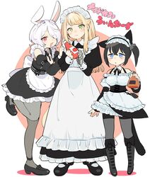  3girls :3 alcohol alternate_costume animal_ears apron bags_under_eyes black_dress black_footwear black_hair black_ribbon black_sleeves blonde_hair blue_eyes blush boots bottle breasts cat_girl circle closed_mouth collared_dress commentary_request corset detached_collar detached_sleeves dress ear_down enmaided fishnet_pantyhose fishnets frilled_hairband frills frown full_body furrowed_brow green_eyes grey_pantyhose hair_over_one_eye hairband hand_on_another&#039;s_shoulder highres holding holding_bottle keenu_(winterz.) ketchup knee_boots large_breasts long_dress long_hair looking_at_viewer maid maid_headdress mary_janes mechanical_arms multiple_girls neck_ribbon ohitori_(o_hitori_sama_1) omochi_(winterz.) one_eye_covered open_mouth pantyhose pink_background rabbit_ears rabbit_girl red_eyes ribbon shoes short_dress short_hair side_ponytail single_mechanical_arm sleeveless sleeveless_dress smile spaghetti_strap standing standing_on_one_leg tareme toshiya_(winterz.) translation_request triangle_mouth two-tone_background two_side_up underbust virtual_youtuber waist_apron white_apron white_background white_hair winterz. 