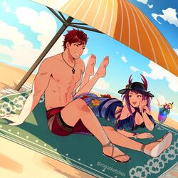  1boy abs bare_shoulders barefoot beach black_hat blue_one-piece_swimsuit breasts casual_one-piece_swimsuit cleavage commission diamant_(fire_emblem) feet female fire_emblem fire_emblem_engage fire_emblem_heroes grin hat highres ivy_(fire_emblem) ivy_(summer)_(fire_emblem) large_breasts long_hair male_swimwear mango_(mgosketches) mole mole_under_mouth official_alternate_costume one-piece_swimsuit pectorals purple_eyes purple_hair red_eyes red_hair sandals short_hair smile swim_trunks swimsuit toes topless_male 