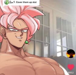  1boy bara cover_them_up_slut_(meme) dialogue_box dragon_ball dragon_ball_super earrings english_commentary english_text evil_smile flexing_pectorals goku_black grin jewelry large_pectorals looking_at_viewer male_focus meme muscular muscular_male nipples nude pectorals photo_background pink_hair portrait potara_earrings sake_(sak3_xml) sanpaku short_hair smile solo spiked_hair super_saiyan super_saiyan_rose thick_eyebrows three_quarter_view user_interface zamasu 