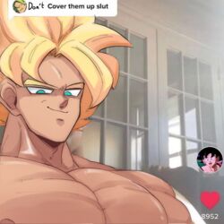  1boy bara broly_(dragon_ball_z) cover_them_up_slut_(meme) dialogue_box dragon_ball dragon_ball_z english_commentary english_text flexing_pectorals large_pectorals looking_at_viewer male_focus meme muscular muscular_male nipples nude pectorals photo_background portrait sake_(sak3_xml) sanpaku short_hair smirk solo son_goku spiked_hair super_saiyan super_saiyan_1 thick_eyebrows three_quarter_view user_interface 