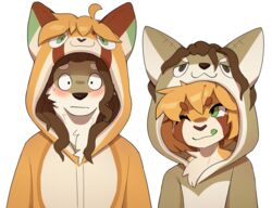  absurd_res ailurid anthro blush brown_body brown_fur canid canine canis clothing coyote domestic_dog duo flushed fur hair hi_res hoodie hybrid kigurumi long_hair male mammal one_eye_closed onesie orange_body orange_fur red_panda robogooey shiba_inu spitz tongue tongue_out topwear torkle wink 