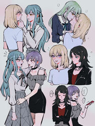  5girls arm_around_neck ave_mujica_(bang_dream!) bang_dream! bang_dream!_it&#039;s_mygo!!!!! black_choker black_hair black_jacket black_ribbon black_skirt blonde_hair blue_dress blush chain_necklace chains choker closed_eyes closed_mouth collared_shirt commentary dress english_commentary french_kiss green_hair grey_background grey_shirt grey_skirt hand_on_another&#039;s_shoulder highres holding holding_phone jacket jewelry kissing long_hair maybecrosswise medium_hair misumi_uika multiple_girls neck_ribbon necklace off-shoulder_shirt off_shoulder open_clothes open_jacket open_mouth parted_lips pencil_skirt phone pink_eyes purple_eyes purple_hair red_shirt ribbon shirt shirt_tucked_in short_hair short_sleeves skirt sleeping smile speech_bubble sweat togawa_sakiko tongue tongue_out wakaba_mutsumi white_shirt yahata_umiri yuri yuutenji_nyamu 