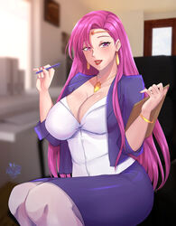  alternate_costume breasts brunnya_(fire_emblem) cleavage contemporary earrings female fire_emblem fire_emblem:_the_binding_blade highres holding holding_pen jewelry large_breasts lipstick long_hair makeup office_lady pen pendant pink_eyes pink_hair purple_eyes purple_hair rinku_bny signature solo 