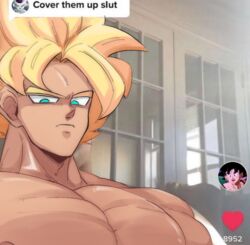  1boy bara cover_them_up_slut_(meme) dialogue_box dragon_ball dragon_ball_z english_commentary english_text flexing_pectorals frieza large_pectorals light_frown looking_at_viewer male_focus meme muscular muscular_male nipples nude pectorals photo_background portrait sake_(sak3_xml) sanpaku short_hair solo son_goku spiked_hair super_saiyan super_saiyan_1 thick_eyebrows three_quarter_view user_interface 