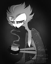  2025 anthro atimon avian beak bottomwear chest_tuft clothed clothing coffee_mug container cup demon feathers hellaverse helluva_boss hi_res holding_container holding_cup holding_mug holding_object male mouth_closed mug multi_eye pants sad shirt signature solo steam stolas_(helluva_boss) text topwear tuft 