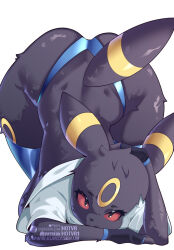  all_fours animal_ears black_eyes black_fur body_fur breasts colored_sclera commentary english_commentary female furry furry_female hot_vr large_breasts looking_at_viewer patreon_username pokemon pokemon_(creature) red_sclera shirt simple_background solo subscribestar_username tail umbreon white_background white_shirt 