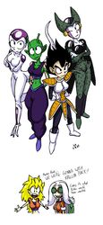  alien alien_girl antenna battle_armor bio-android_(dragon_ball) blue_eyes cell_(dragon_ball) dragon_ball dragon_ball_z female freeza frieza gold_hair master_roshi muten_roushi namekian perfect_cell piccolo rule_63 saiyan smooth_skin son_goku super_saiyan super_saiyan_3 tail vegeta wink 