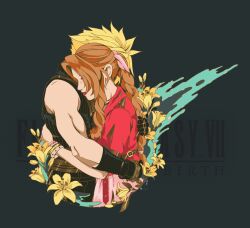  1boy absurdres aerith_gainsborough arms_around_back bangle belt black_gloves black_pants black_shirt blonde_hair bracelet braid braided_ponytail brown_belt brown_hair cloud_strife copyright_name couple dress female final_fantasy final_fantasy_vii final_fantasy_vii_rebirth final_fantasy_vii_remake flower gloves hair_ribbon highres hug jacket jewelry lily_(flower) long_hair meteor necklace pants parted_bangs pink_dress pink_ribbon red_jacket red_lips ribbon shanlieart shirt short_hair sidelocks single_bare_shoulder single_braid sleeveless sleeveless_turtleneck spiked_hair straight suspenders turtleneck upper_body yellow_flower 