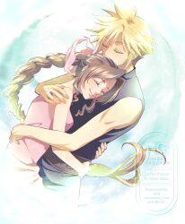  1boy aerith_gainsborough arm_around_back arm_around_shoulder bare_shoulders belt black_pants black_shirt blonde_hair braid braided_ponytail breasts brown_belt brown_hair closed_eyes closed_mouth cloud_strife couple dress female final_fantasy final_fantasy_vii green_background hair_ribbon happy_tears hug jo_ro_ri long_hair medium_breasts pants parted_bangs pink_dress pink_ribbon ribbon shirt short_hair sidelocks single_braid sleeveless sleeveless_dress sleeveless_turtleneck smile spiked_hair straight tears turtleneck upper_body 