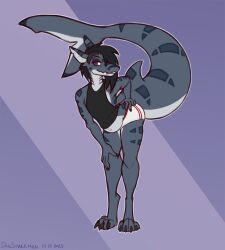 2025 4_toes andromorph anthro athletic_wear belly black_hair bottomwear clothed clothed_andromorph clothed_anthro clothing dansharkman digital_drawing_(artwork) digital_media_(artwork) english_description eyeshadow feet femboy fish freckles genitals gills grey_body gym_bottomwear gym_shorts hair hair_over_eye hand_on_hip hi_res humanoid_hands intersex leaning leaning_forward long_hair looking_at_viewer makeup marine navel outie_navel outline pregnant pregnant_andromorph pregnant_anthro pregnant_intersex purple_background purple_eyes shark shark_tail shirt shorts simple_background snaggle_tooth solo tank_top toes topwear trans_(lore) trans_man_(lore) white_outline zane_(dansharkman) 