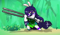  action_pose allegra_(mario_plus_rabbids) anklet anthro armband arms_bent artist_name bangs blue_eyes blue_hair bodypaint closed_frown clothed clothed_anthro clothed_female clothing colored digital_drawing_(artwork) digital_media_(artwork) dress eyelashes face_paint featureless_legs female female_anthro fern forest frown full-length_portrait fur furrowed_brow green_anklet green_armband green_clothing green_dress hair hi_res holding_object holding_tuning_fork jewelry lagomorph leaf_dress light lighting long_ears long_hair mammal mario_bros mario_plus_rabbids_sparks_of_hope mitten_hands mouth_closed multicolored_body necklace nintendo noseless outside plant portrait pose rabbid raving_rabbids rayman_(series) shaded solo standing tan_eyelids tan_inner_ear text tree tuning_fork ubisoft vampkettleartz vines white_body white_fur 