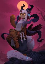  2025 anthro arm_scar asian_clothing asian_mythology barefoot biped black_body black_claws black_ears black_fur black_horn black_stripes black_wings blue_eyes bottomwear cheek_markings chimera circle_eyebrows cjk_character claws clothed clothed_anthro clothed_female clothing cloud colored countershade_arms countershade_face countershade_fur countershade_hands countershade_legs countershade_torso countershading dead_tree detailed_background digital_media_(artwork) ear_piercing east_asian_clothing east_asian_mythology eating eating_food eyebrows eyelashes facial_markings feathered_wings feathers feet felid female female_anthro finger_claws flat_chested food forked_tongue fruit full-length_portrait full_moon fully_clothed fully_clothed_anthro fully_clothed_female fur glowing glowing_eyes hair head_markings hi_res holding_food holding_fruit holding_object horn japanese_clothing japanese_mythology kamukamu6392 kariginu kemono leg_scar living_tail loincloth long_hair looking_at_viewer mammal markings monotone_tail moon multicolored_body multicolored_fur multicolored_hair mythology night nue orange_body orange_fur outside pantherine piercing plant portrait pupils red_claws red_hair red_sclera reptile scales scalie scar shaded shirt sideless_clothing sitting sky slit_pupils snake snake_tail solo striped_body striped_fur stripes tail tail_scar tan_body tan_countershading tan_fur three-quarter_view tiger toe_claws tongue topwear tree two_tone_hair unusual_anatomy unusual_tail white_body white_bottomwear white_clothing white_hair white_loincloth white_scales white_shirt white_tail white_topwear wings yellow_eyes 