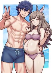  1boy ;) alternate_costume bikini blue_male_swimwear blue_sky border bow bow_bikini breasts brown_hair chrom_(fire_emblem) cleavage closed_mouth cloud commentary commission day english_commentary female fire_emblem fire_emblem_awakening grin hair_ornament highres long_hair looking_at_viewer male_swimwear medium_breasts muscular muscular_male navel one_eye_closed outside_border pearl_hair_ornament pectorals pregnant purple_bikini rotomdocs side-tie_bikini_bottom sky smile stomach sumia_(fire_emblem) swim_trunks swimsuit teeth thighs topless_male v white_border wing_hair_ornament 