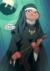  absurd_res anthro athene_(genus) atheniv avian beak bird colored english_text female glassy-eyed halloween hi_res holding_object holding_whip holidays lilith_(rozalid) little_owl looking_at_viewer nun nun_outfit owl red_body rozalid serious_face shadowy_figure solo speech_bubble stare symbolism text true_owl whip 